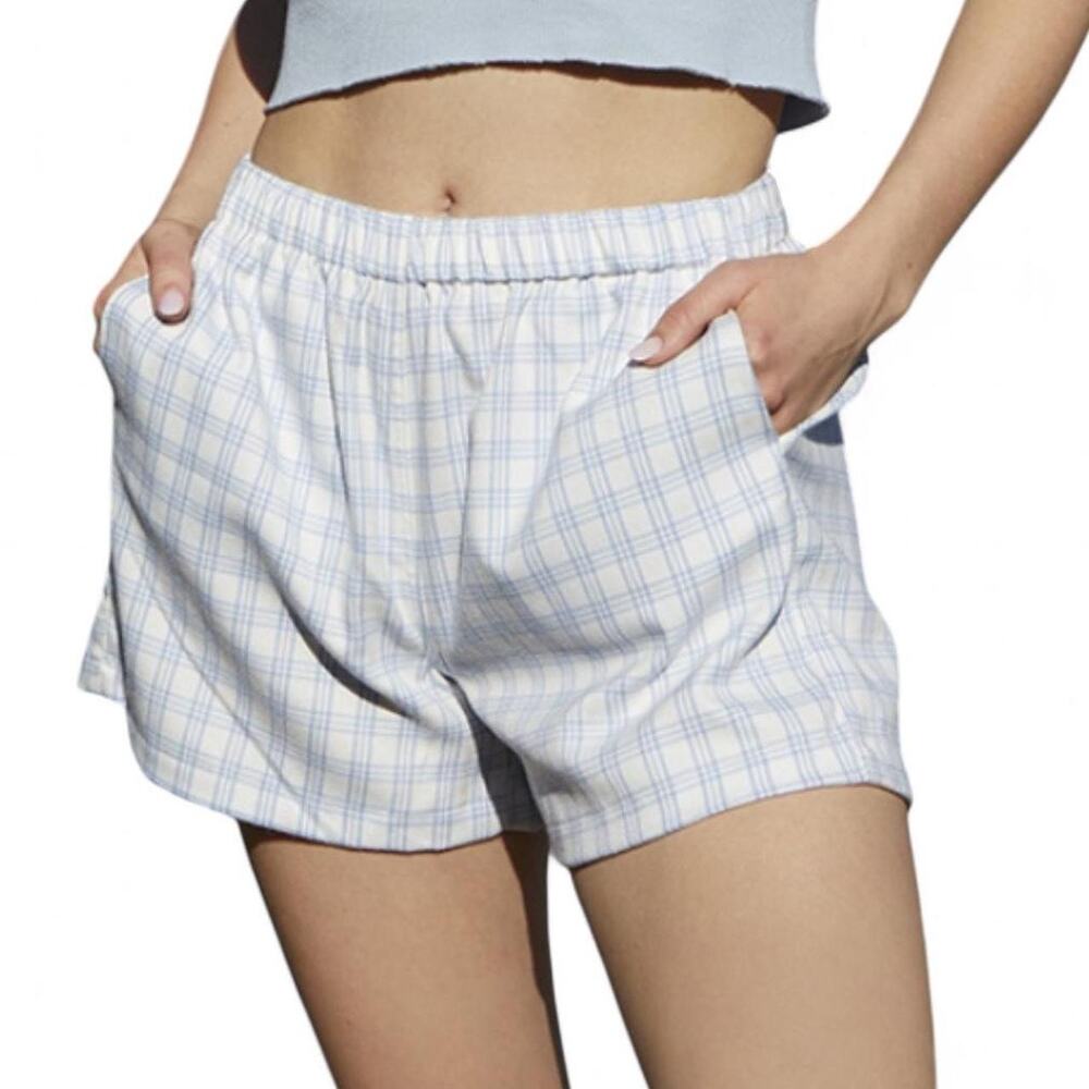 Brandy Melville John Galt Blue Plaid Lounge Shorts Elastic Waist Pockets